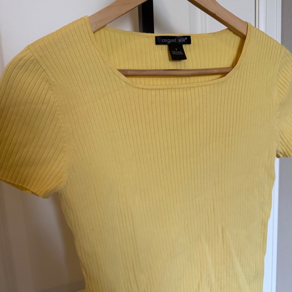August Silk Yellow Ribbed Knit Square Neck Short Sleeve Top Silk blend Women's S - Picture 2 of 7